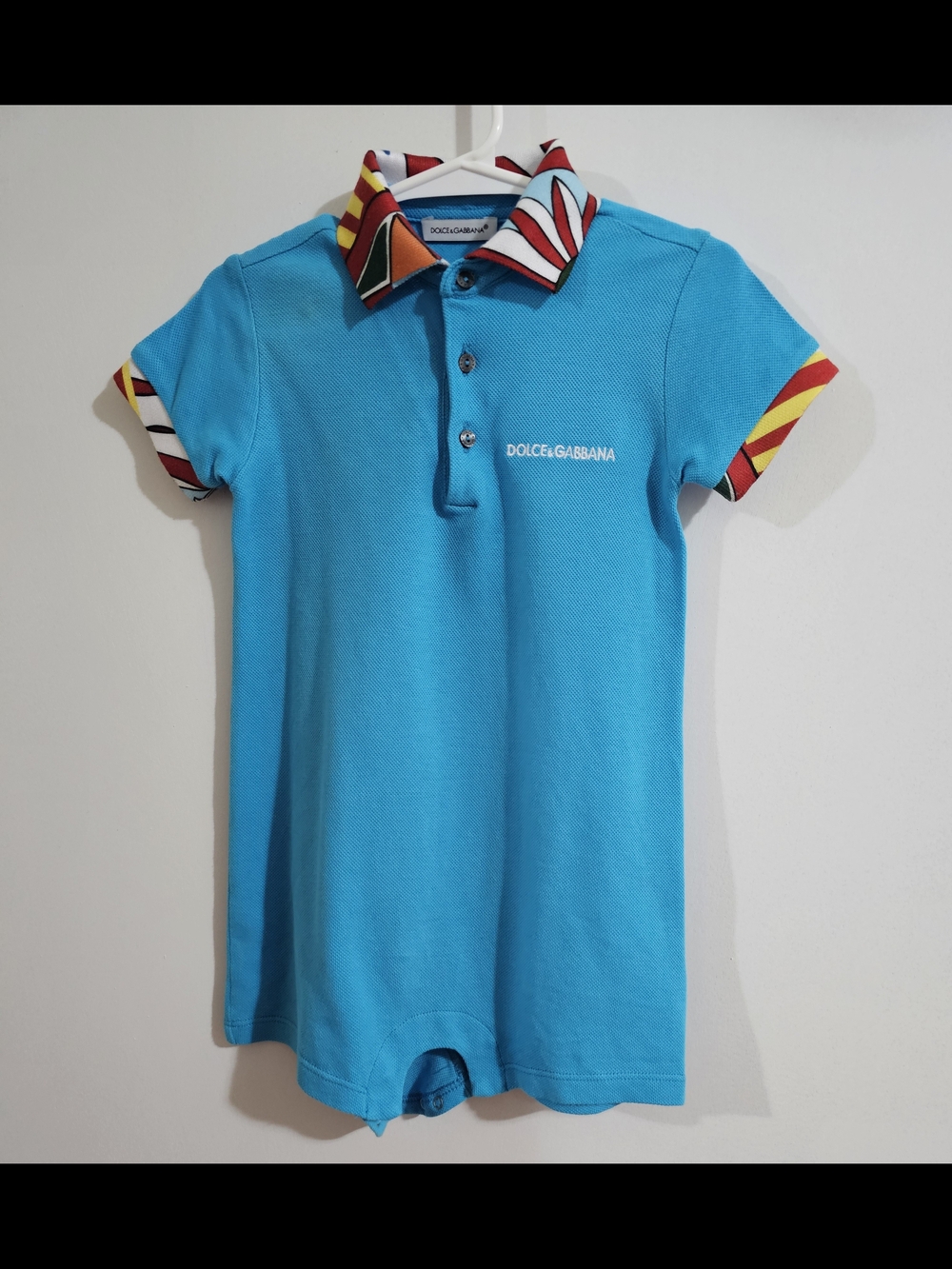 Dolce & Gabbana Turquoise Kids Polo Romper with Multicolor Trim